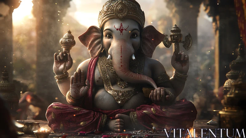 Elephant-headed four-armed deity statue in ornate shrine.