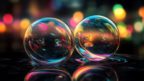 Twin rainbow orbs drift through neon-splashed reflections.