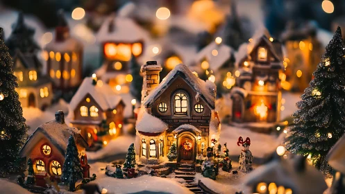Illuminated miniature winter village with snow-covered houses.