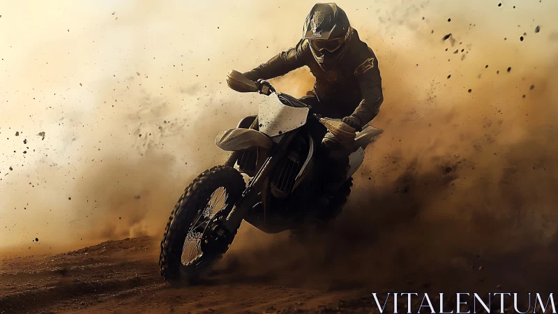 Motocross rider drifts motorcycle through dense flying dirt