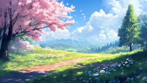 Gentle spring pathway wanders through sunlit blossom fields