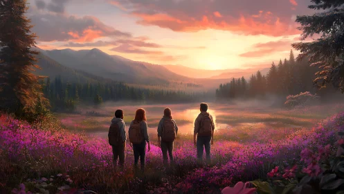Hikers facing luminous mountain dawn over violet meadow.