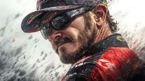 Close-up portrait of motorsport driver in racing gear.