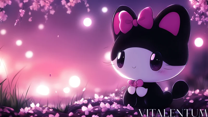 Kawaii cat character sits under glowing pink bokeh lights