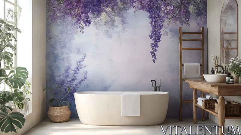 Freestanding oval tub set against lavender floral mural with rustic wood accents