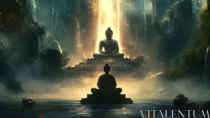 Monk contemplates colossal Buddha beneath cascading light