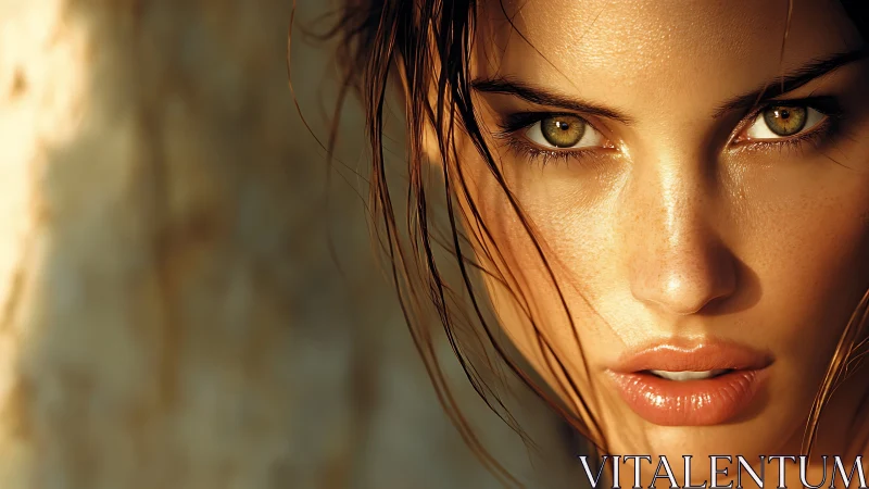 Sunlit close-up portrait isolates intense gaze and dewy skin