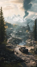 War-torn mountain valley where steel crawls beneath smoke.