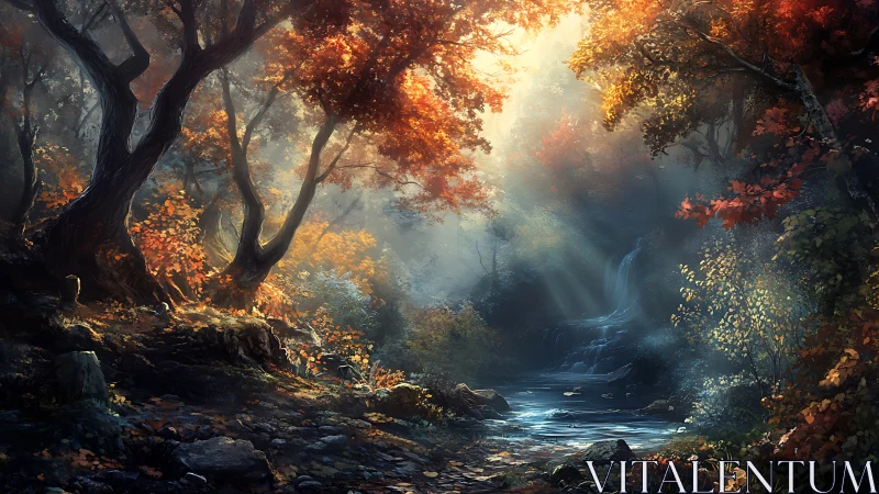 Luminous Forest Gorge with Autumnal Canopy and Cascading Waterway