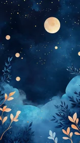 Midnight garden glows softly beneath a dreamy golden moon