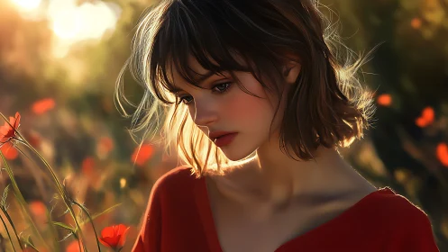 Digital painting portrait in warm backlit meadow setting.