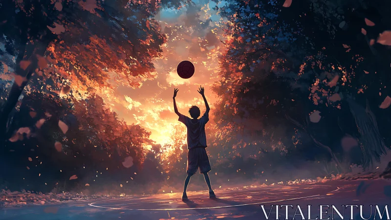 Silhouette of youth with basketball under backlit trees at dusk.