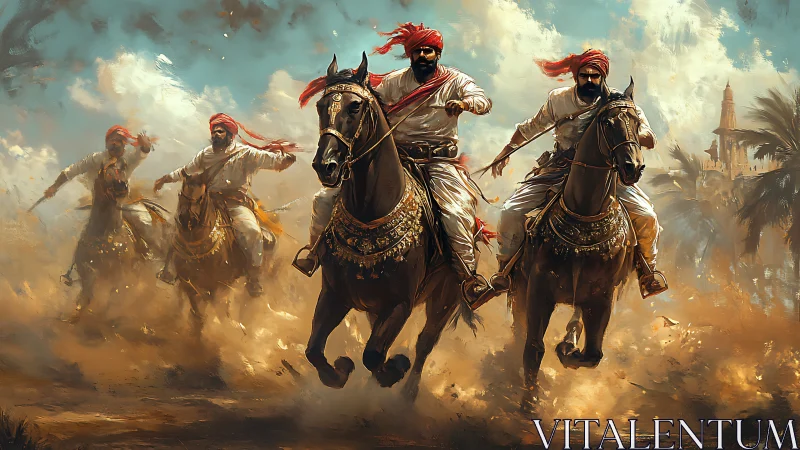 Gallant riders charge through dust and sunlit desert skies.