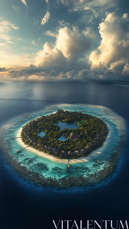 Atoll Island Aerial View with Lagoon and Surrounding Ocean