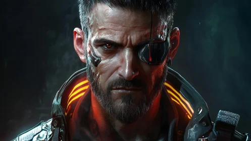 Cybernetic loner with glowing collar and guarded stare.