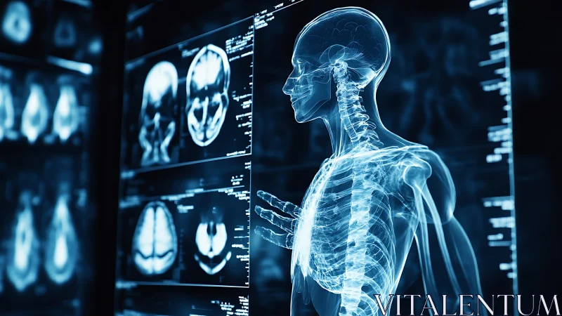 Digital X‑ray human anatomy with cranial MRI scan displays