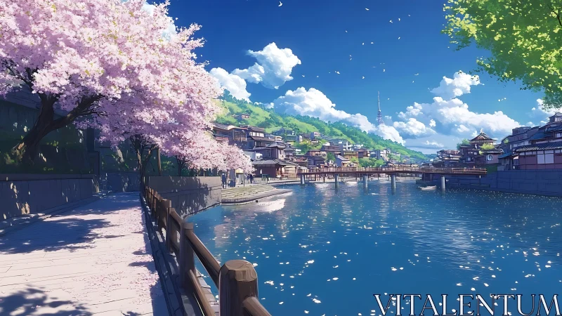 Cherry trees line riverside path in detailed coastal townscape