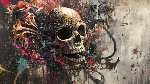 Human skull with abstract paint bursts and textured backdrop.
