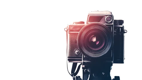 Vintage SLR camera isolated on white with dramatic lens flare