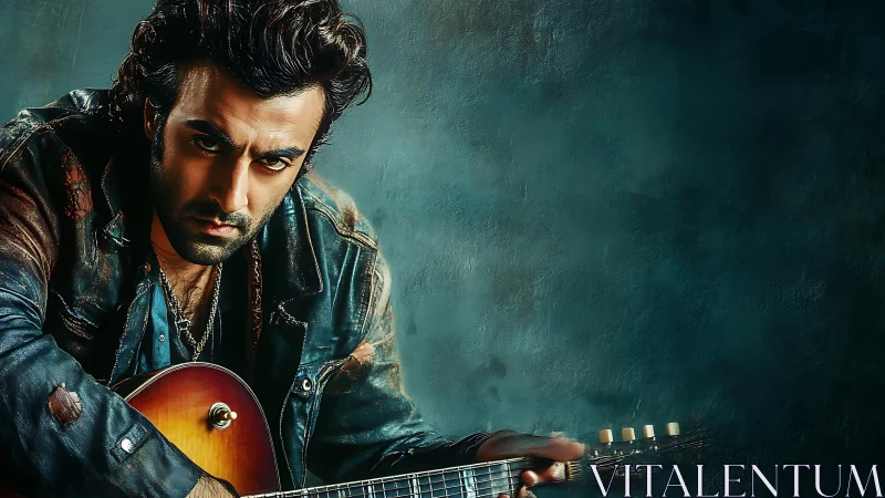 Brooding long haired guitarist in worn leather jacket.