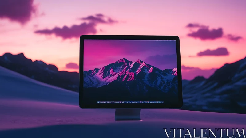 Ultrawide desktop monitor showing neon mountain landscape at dusk