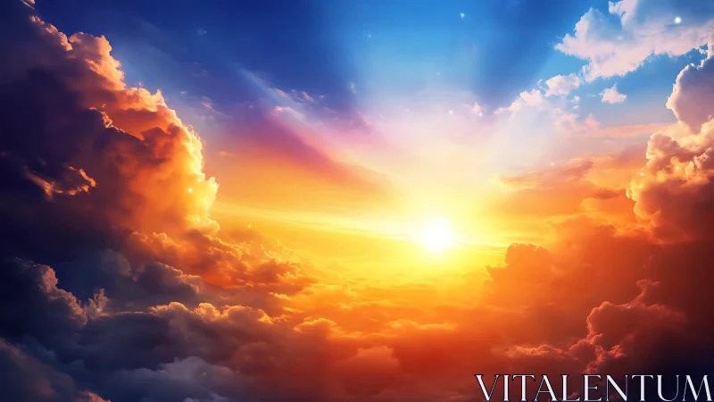 Sunset light across dense clouds in multicolored sky.