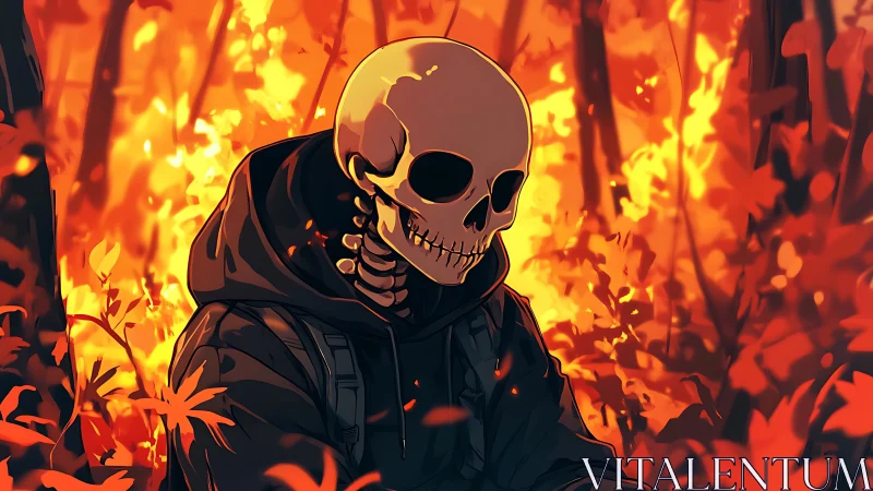 Skeletal wanderer in ember-lit autumn forest glow.