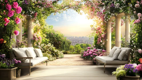 Terrace garden lounge overlooking luminous city skyline.