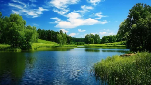Lush lakeside landscape glows under vivid blue summer sky.