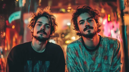 Neon-tinted twin moods in a dreamy city nightscape.