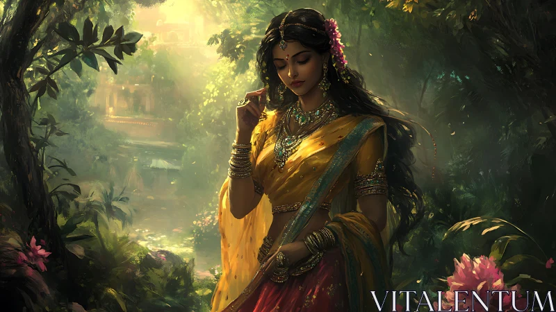 Forest-silk dreamer in golden sari under whispering light.