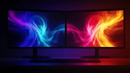 Dual monitors render opposing neon energy streams with high contrast
