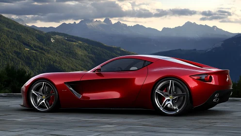 Red sports coupe stands on stone terrace before mountain range