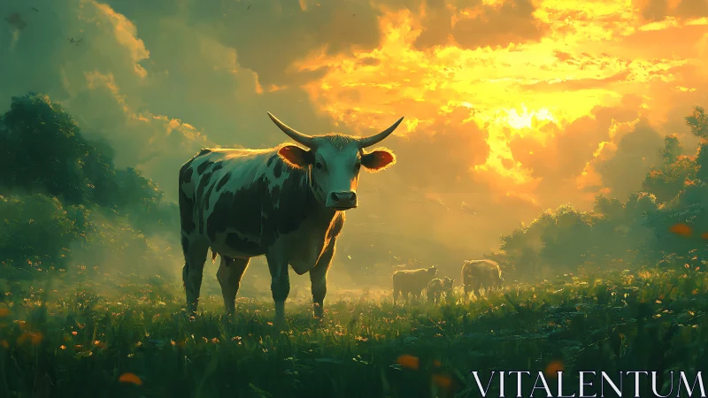 Spotted cow in backlit meadow at bright golden sunset.