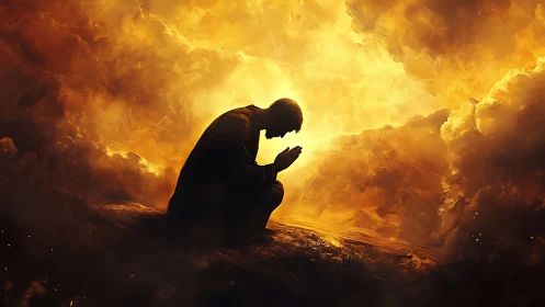 Kneeling silhouette in incandescent cloud chamber illumination.