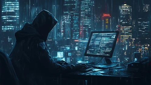 Hacker codes through neon rain above cyberpunk skyline.