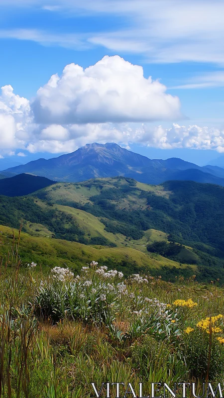 Mountain meadow stretches beneath towering summer cloud