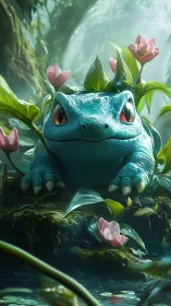 Bulbasaur-like creature rests on mossy jungle ledge