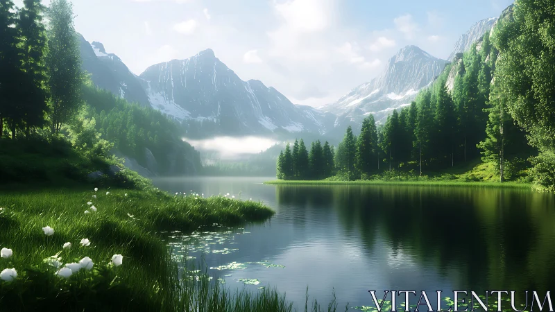 Whispering alpine lake cradled by soft-breathed mountains.