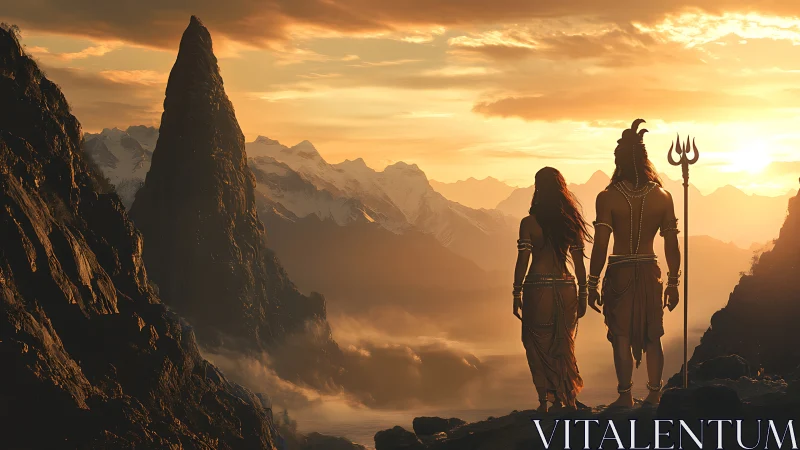 Figures on mountain ridge overlooking jagged peak at sunset.