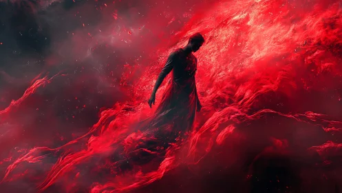 Digital painting of lone figure in crimson ethereal vortex.