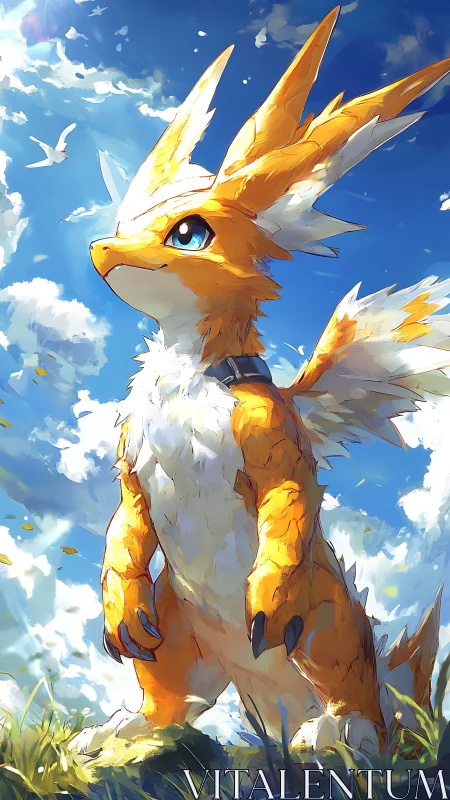 Sky-bright guardian creature greets the wind with quiet pride
