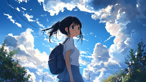Girl with backpack walks outdoors under bright summer sky