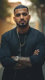 Man with tattoos stands in shallow-depth-of-field portrait