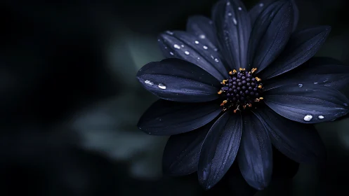 Deep Blue Cosmos Flower with Golden Stamen Against Dark Background