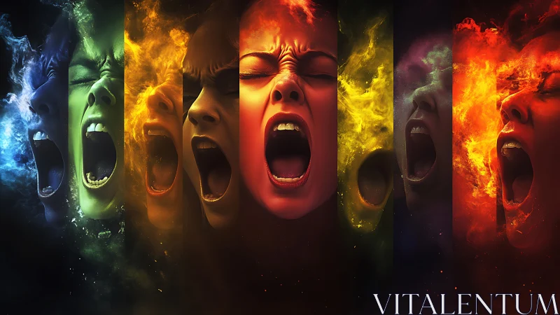 Explosive emotions burst in vivid, colorful human faces.