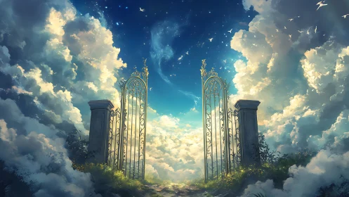 Celestial wrought iron gate opening into luminous cloudscape