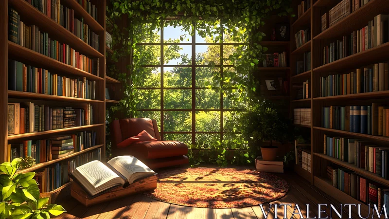 Sunlit home library frames large window with dense greenery