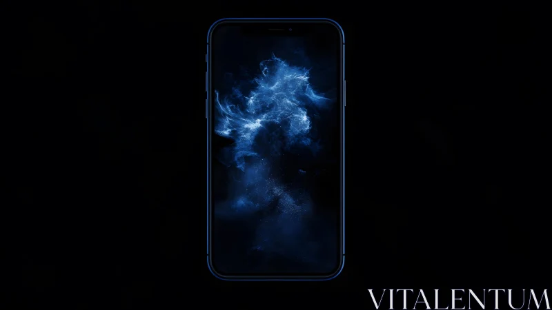 Modern smartphone with abstract blue smoke digital art wallpaper.