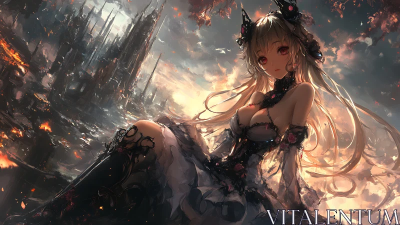 Dark anime princess over burning ruin at twilight sky.